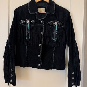 Vintage Black Suede fringe cropped jacket- Large